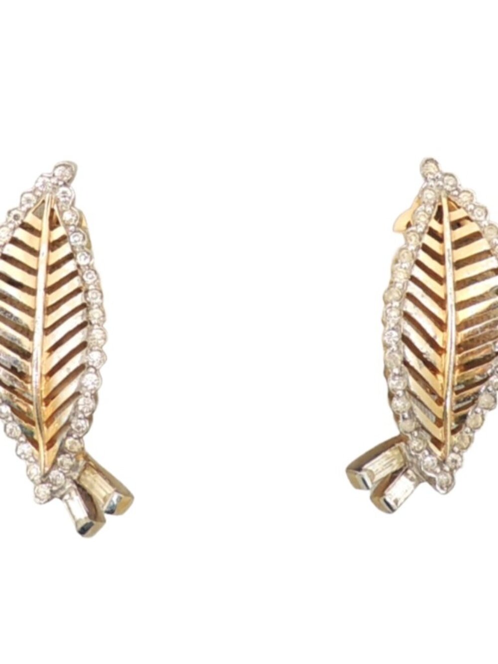 Vintage 1950s Signed Jomaz Goldtone Clear Rhinestone Leaf Clip Earrings